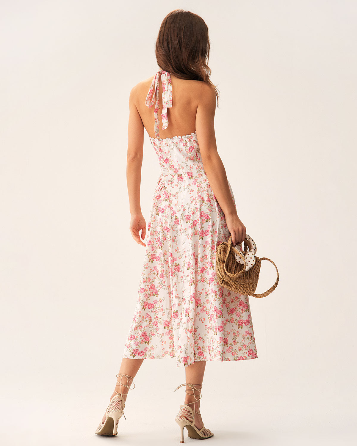 Amelina | Pink Floral Halter Midi Dress