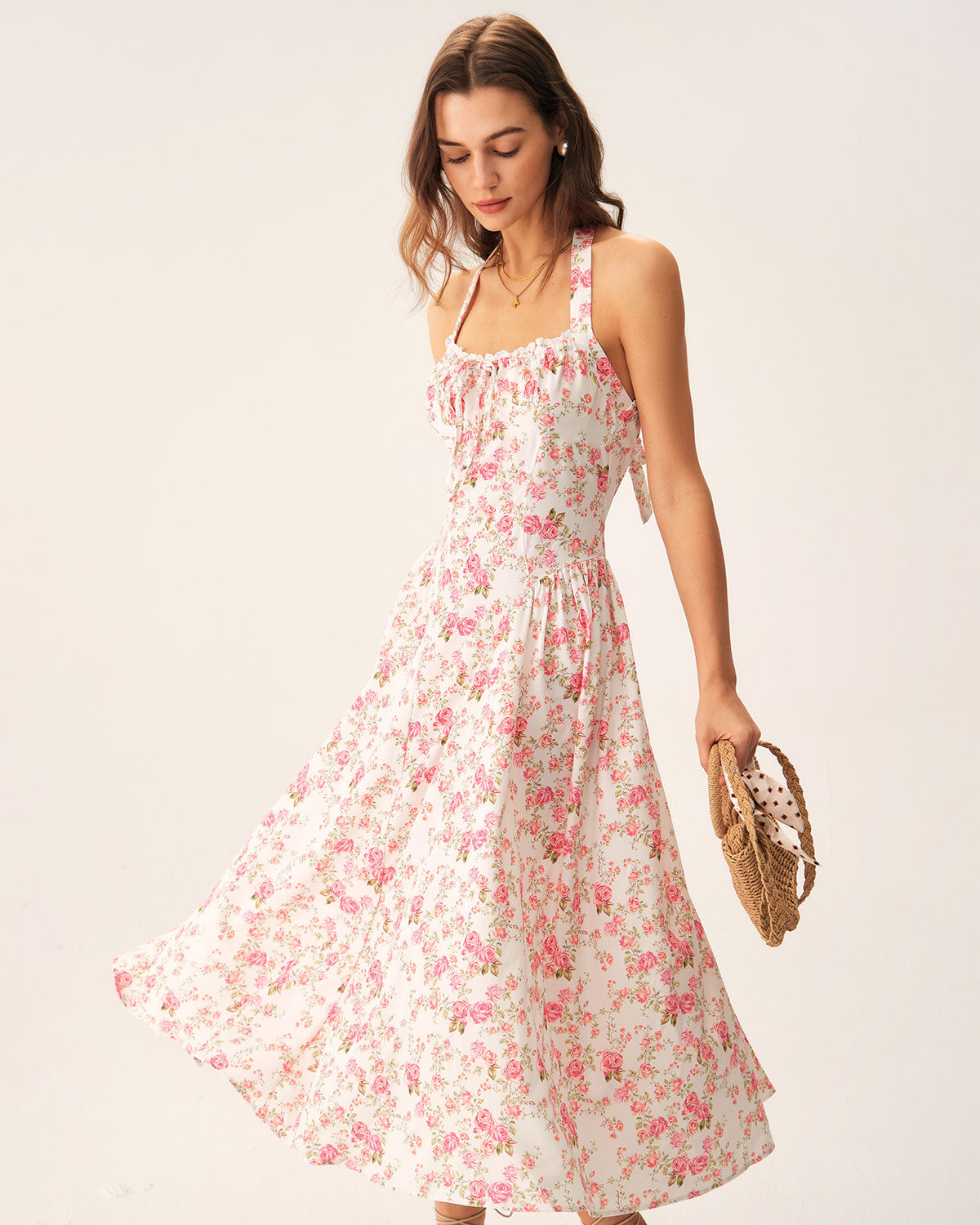 Amelina | Pink Floral Halter Midi Dress