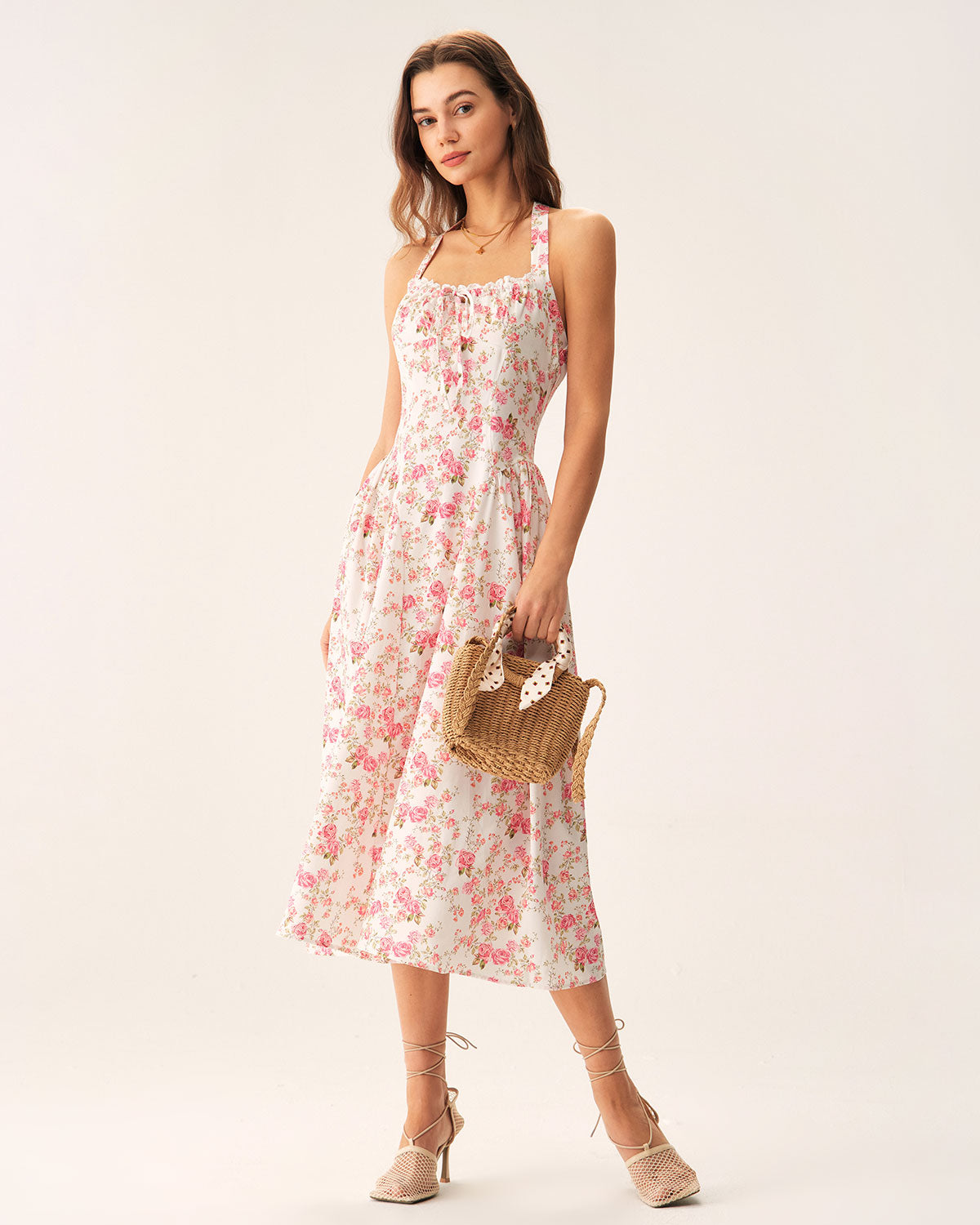 Amelina | Pink Floral Halter Midi Dress