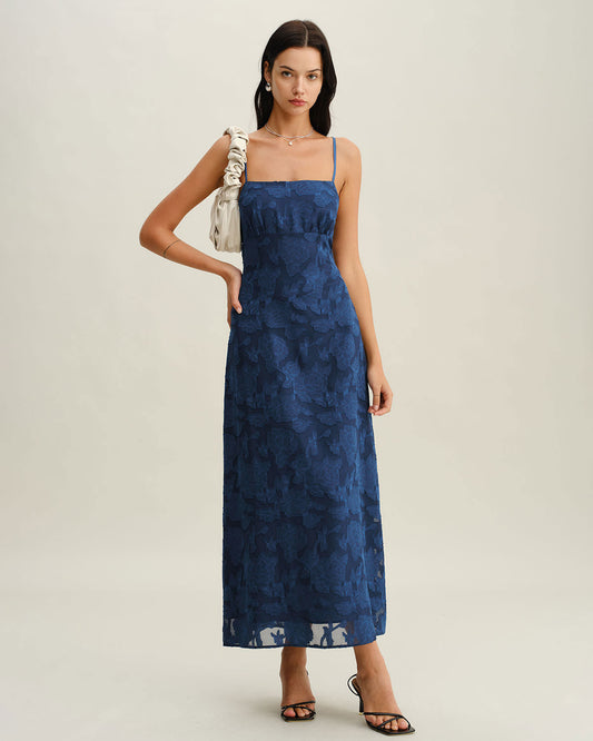 Ismeria | Navy Jacquard Slip Backless Maxi Dress
