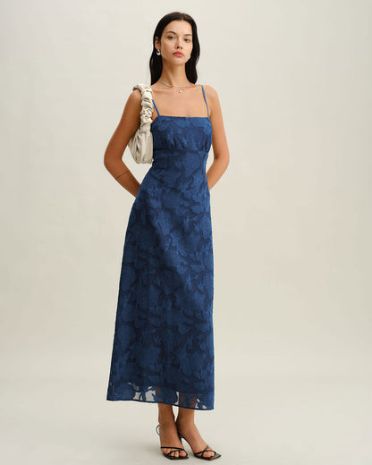 Ismeria | Navy Jacquard Slip Backless Maxi Dress