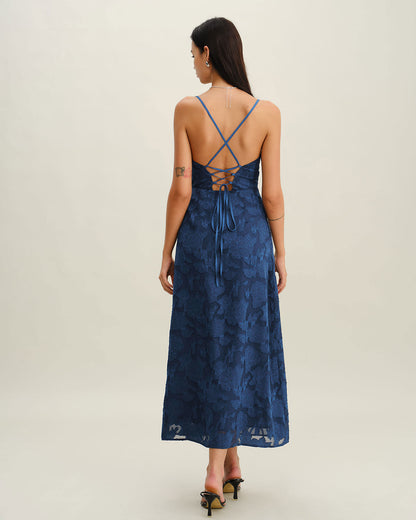 Ismeria | Navy Jacquard Slip Backless Maxi Dress