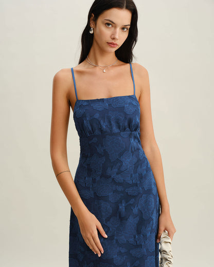 Ismeria | Navy Jacquard Slip Backless Maxi Dress
