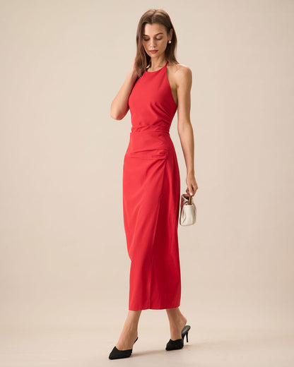 Selviana | Women’s Red Shirred Halter Maxi Dress