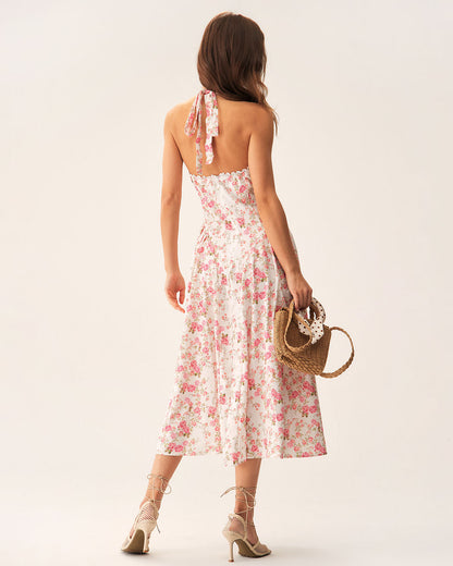 Amelina | Pink Floral Halter Midi Dress