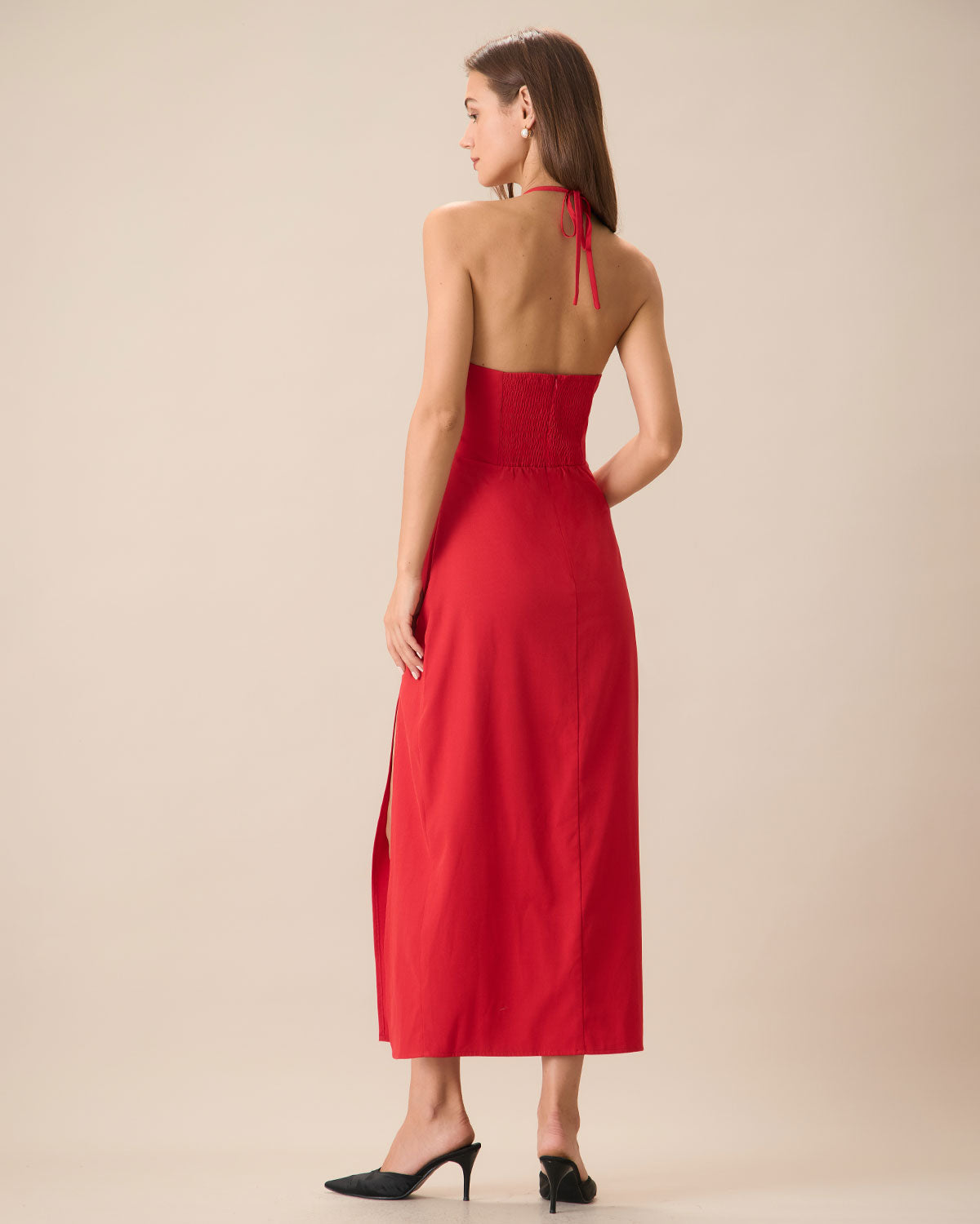 Selviana | Women’s Red Shirred Halter Maxi Dress