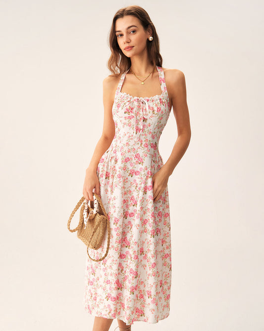 Amelina | Pink Floral Halter Midi Dress