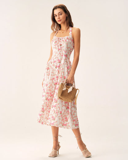 Amelina | Pink Floral Halter Midi Dress