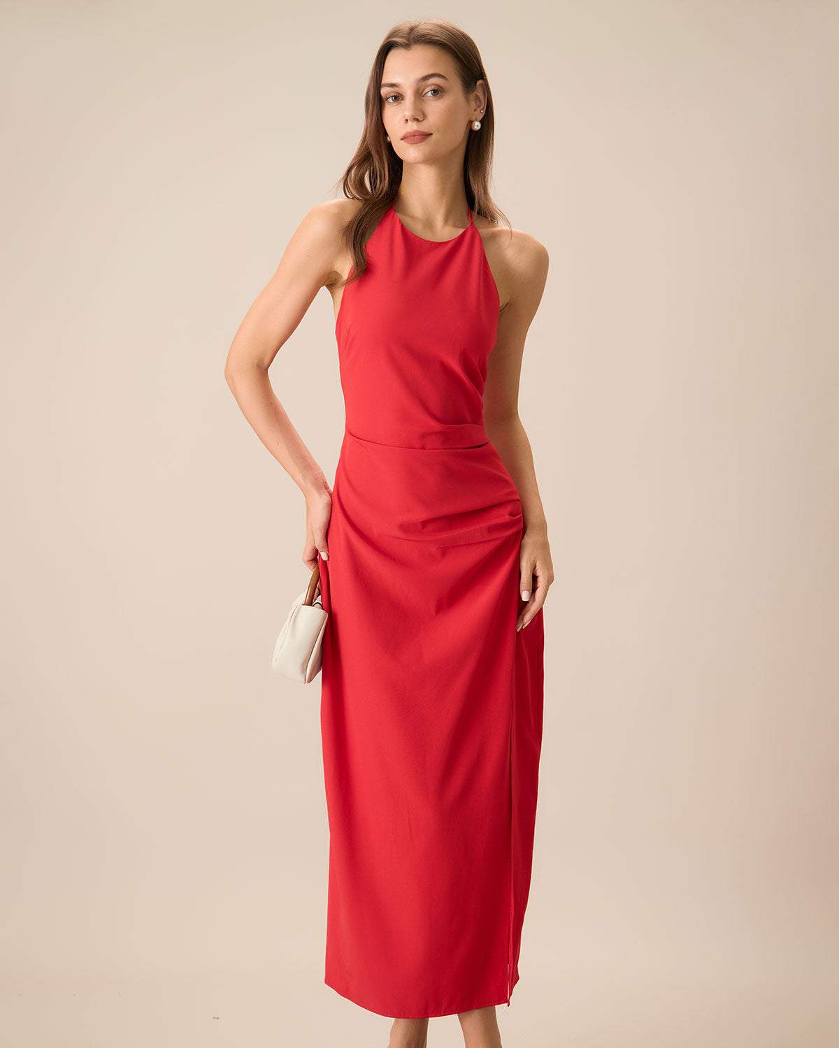Selviana | Women’s Red Shirred Halter Maxi Dress