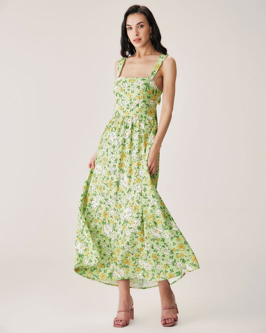 Sylara | Green Floral Backless Maxi Dress