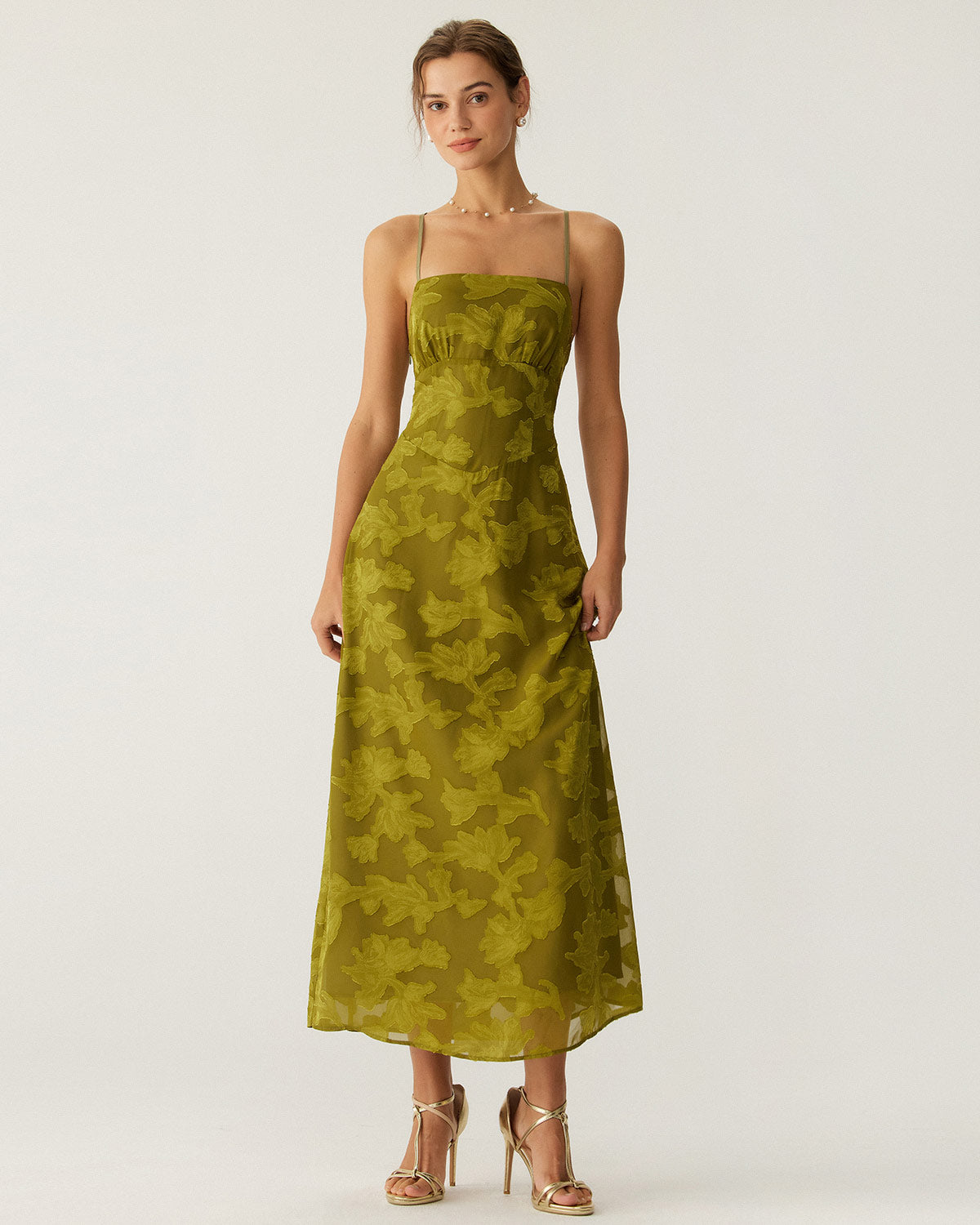 Selviana | Green Floral Ruched Backless Slip Maxi Dress