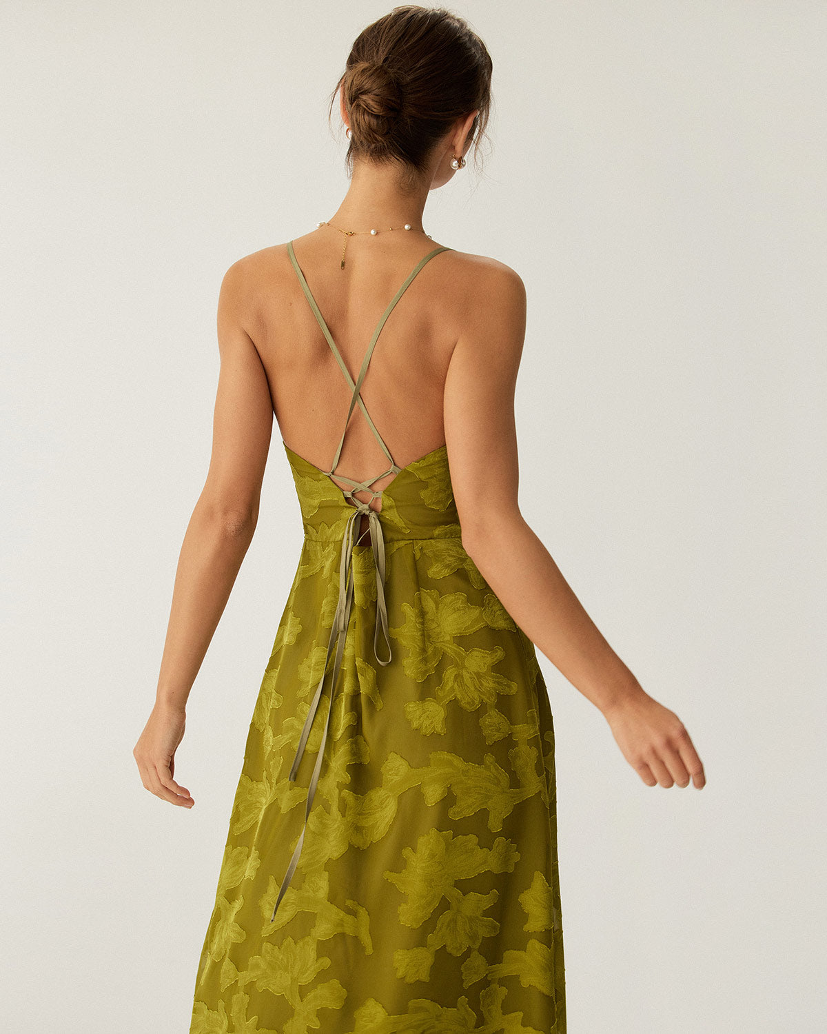 Selviana | Green Floral Ruched Backless Slip Maxi Dress
