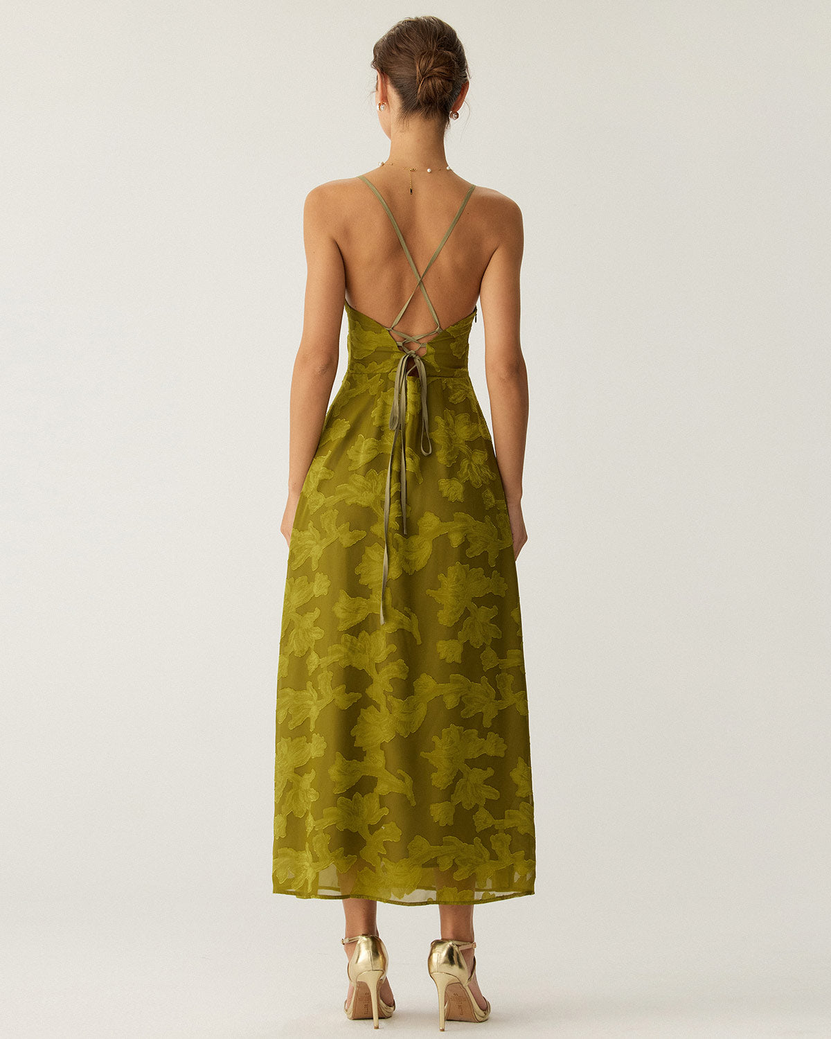 Selviana | Green Floral Ruched Backless Slip Maxi Dress