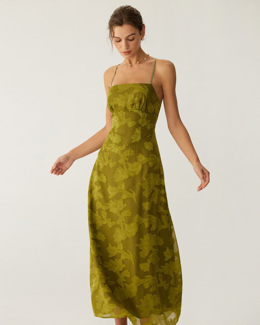 Selviana | Green Floral Ruched Backless Slip Maxi Dress