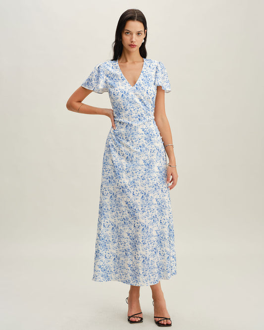 Florencia | Blue Floral V-Neck Button Maxi Dress