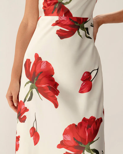 Lucira | Red Floral Satin Slip Maxi Dress