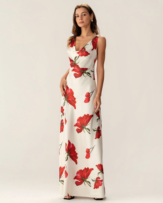 Lucira | Red Floral Satin Slip Maxi Dress