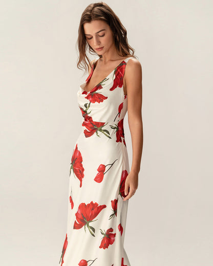 Lucira | Red Floral Satin Slip Maxi Dress