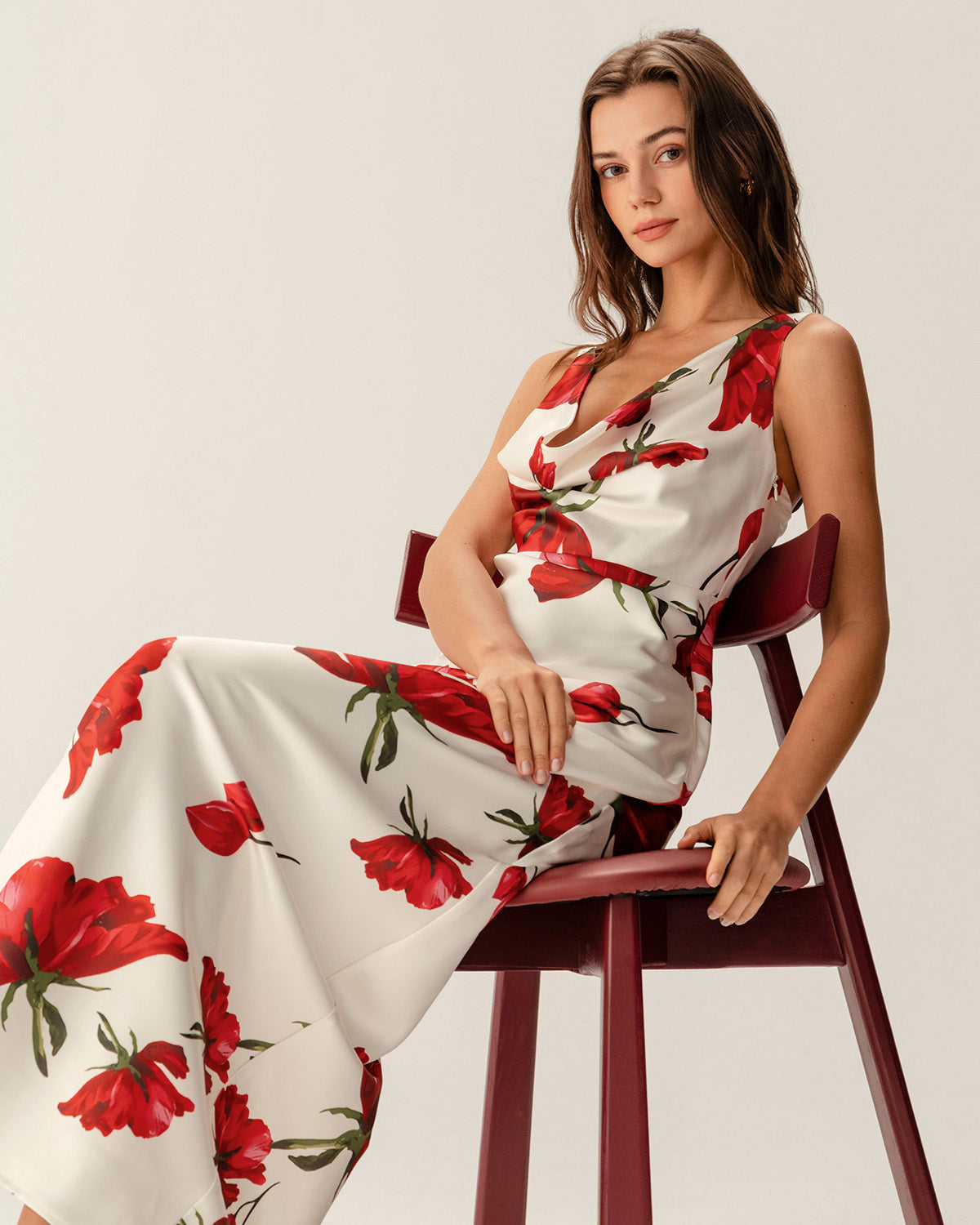 Lucira | Red Floral Satin Slip Maxi Dress