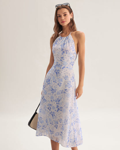 Elira | Blue Floral Halter Midi Dress