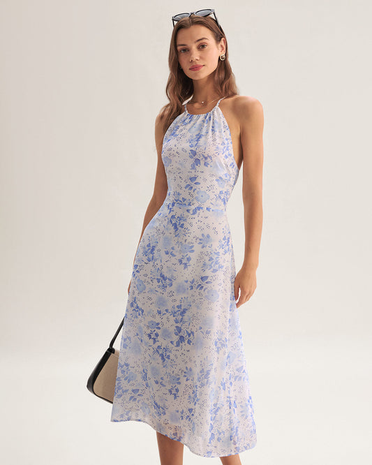 Elira | Blue Floral Halter Midi Dress