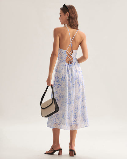Elira | Blue Floral Halter Midi Dress